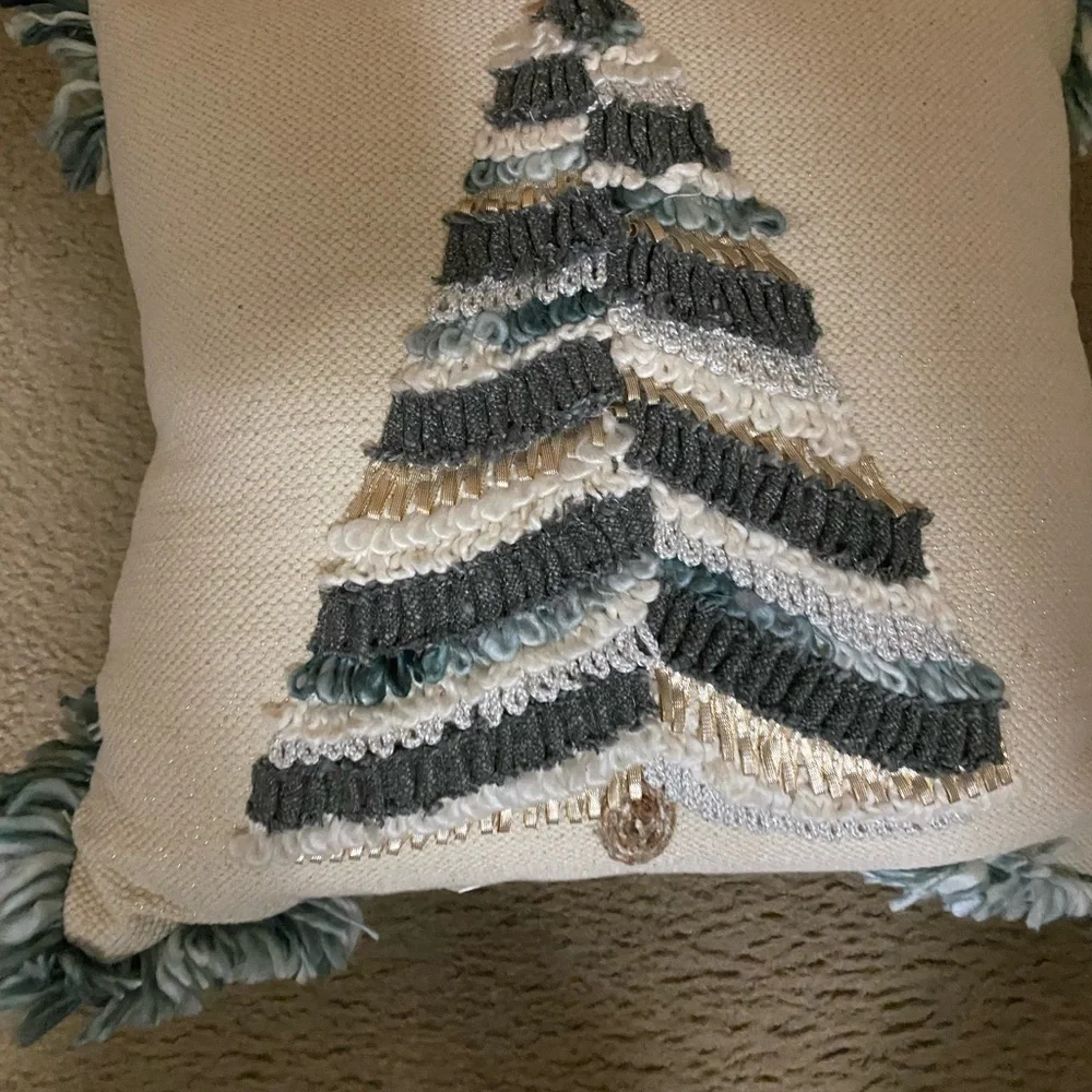 3D Yarn Knit Woven Tassel Christmas Tree Sage Green Decorative Pillow 18”x18”